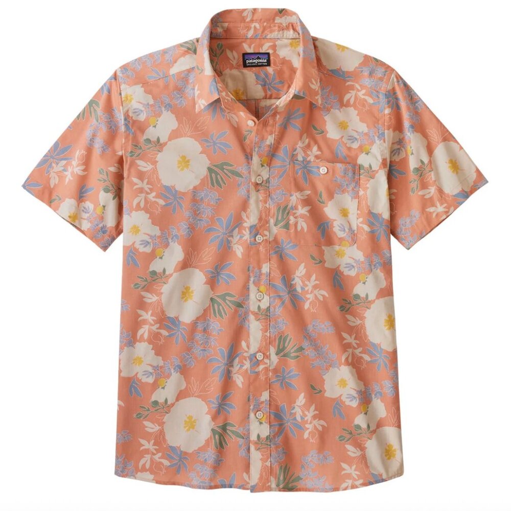 Patagonia Go To Organic Cotton Men Camp Button Up Floral Shirt Tigerlily Orange